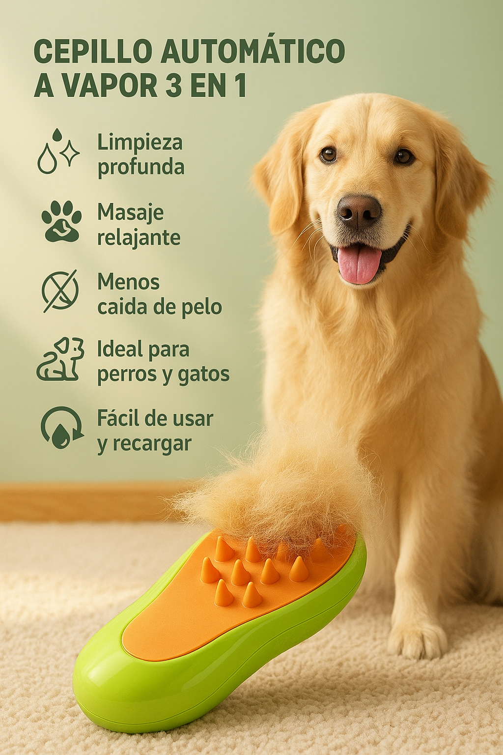 Cepillo Automático a Vapor 3 en 1 para Mascotas